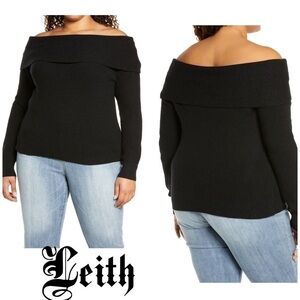 LEITH Off The Shoulder Sweater In Black. Puffed sleeves, fold over neck.